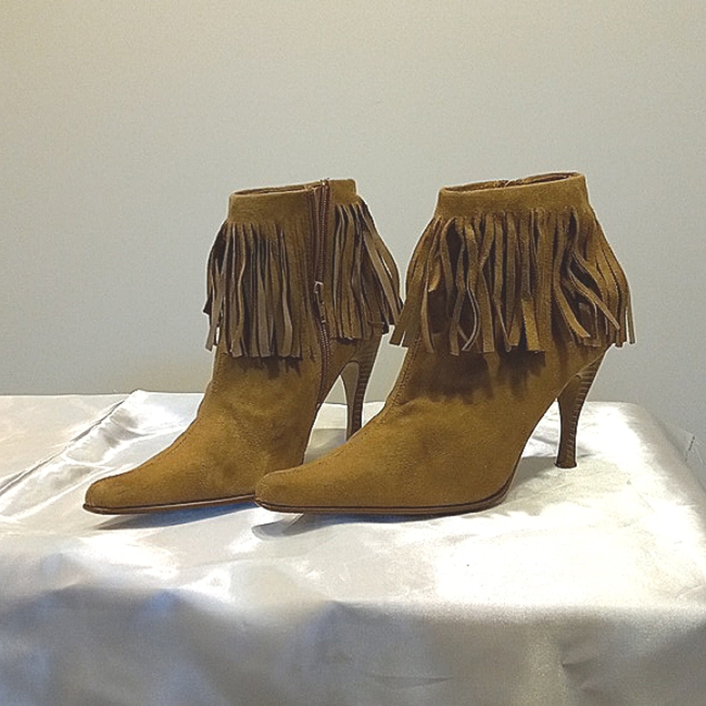 Women 6 Fringe ankle boot western cowgirl pointed toe strap shoes 4in heels